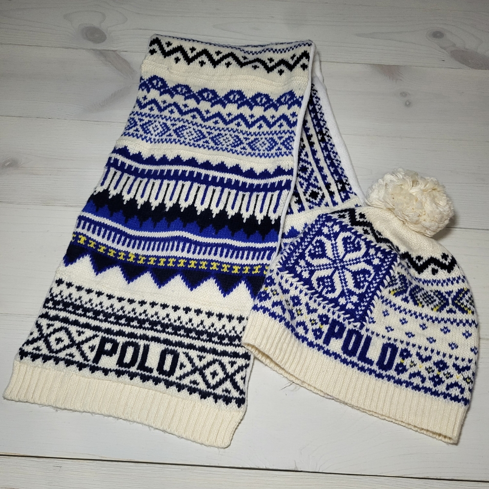 POLO by Ralph Lauren Scarf Pom Beanie Set Nordic Fair Isle Classic.
